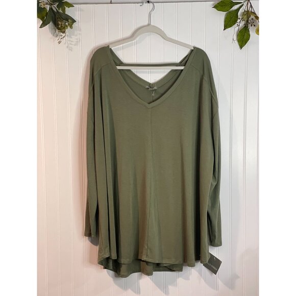 Falls Creek Womens Plus Size 2X Olive Green Tunic Top With Ribbed Sleeves - Picture 1 of 14